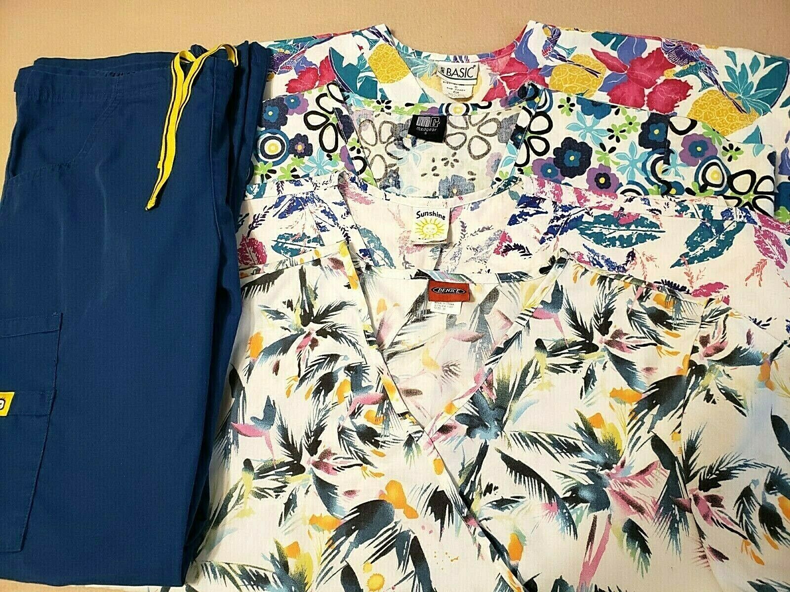 Women's Size Small Cotton Blend Mixed Lot: 4 Patterned Scrub Tops & 1 Pants