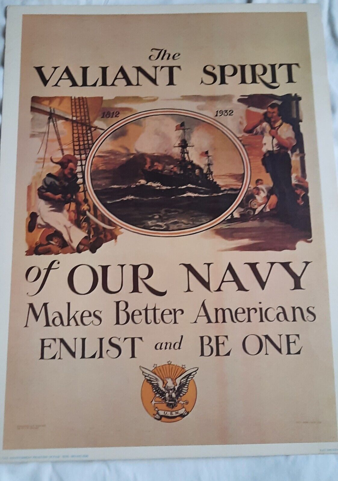 Vintage Us Navy Recruitment Poster 16 X 20" The Valiant Spirit Of Our Navy