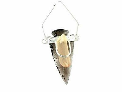 Jet Powerful Silver Plated Black Obsidian Arrowhead Pendant With Natural Crystal